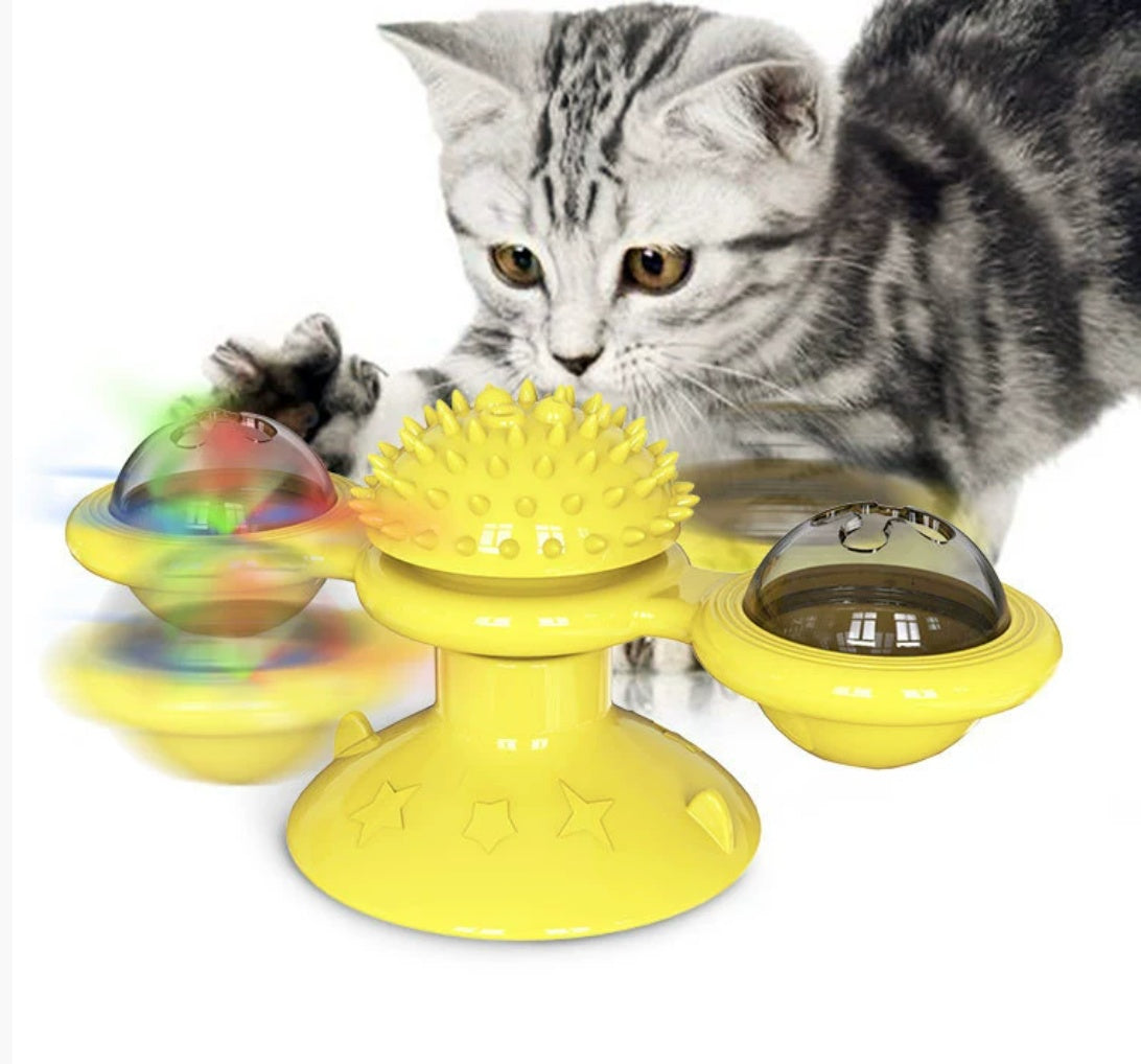 US Local Cat Entertainment Set- Interactive Rotating Disk, Feather Teasers, Tumbler, Windmill Toy - Keeps Cats Active & Engaged
