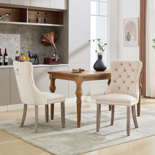 UK Local Modern Set Of 2 Upholstered Velvet Dining Chairs, Button Tufted Kitchen Lounge Chairs With Brushed Wood Legs, Riveted Trim And Knocker Ring, For Dining Room Living Room