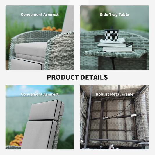 US Local Outdoor Recliner Chair With Cushions, Reclining Patio Lounge Chair With Adjustable Footrest, Armrests, Tray Table, Gray