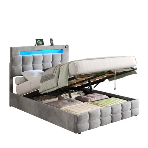 UK Local 4ft6 Double Upholstered Bed Frame With Hydraulic Storage, Velvet Ottoman Bed With LED Lighting And Charging Station, Double Bed With Adjustable Button Tufted Headboard, Beige