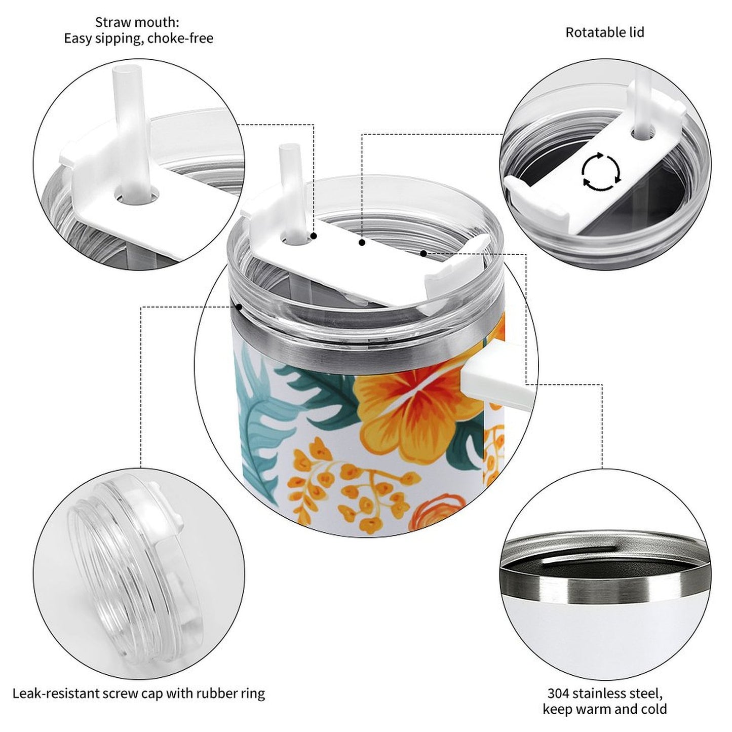 PHDT00457 POD US Local Tumbler 40 oz Large Capacity Car Cup Summer Flowers, Fruits, Tropical