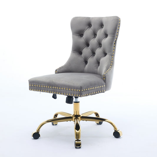 US Local A&A Furniture Office Chair,Modern Velvet Upholstered Tufted Button Home Office Chair With Golden Metal Base,Adjustable Desk Chair Swivel Office Chair Gray