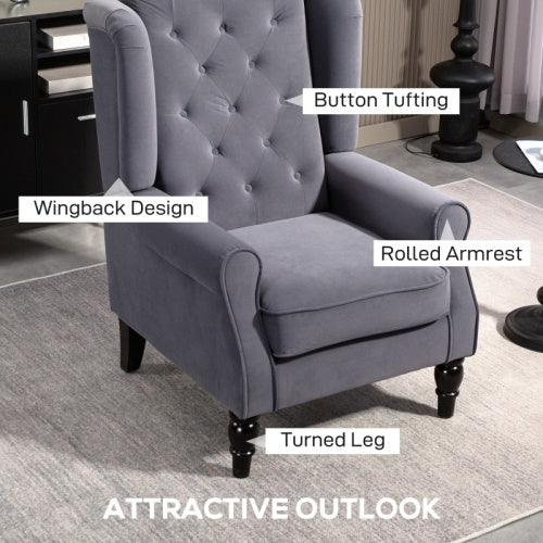 UK Local HOMCOM Wingback Accent Chair, Retro Upholstered Button Tufted Occasional Chair For Living Room And Bedroom, Charcoal Grey
