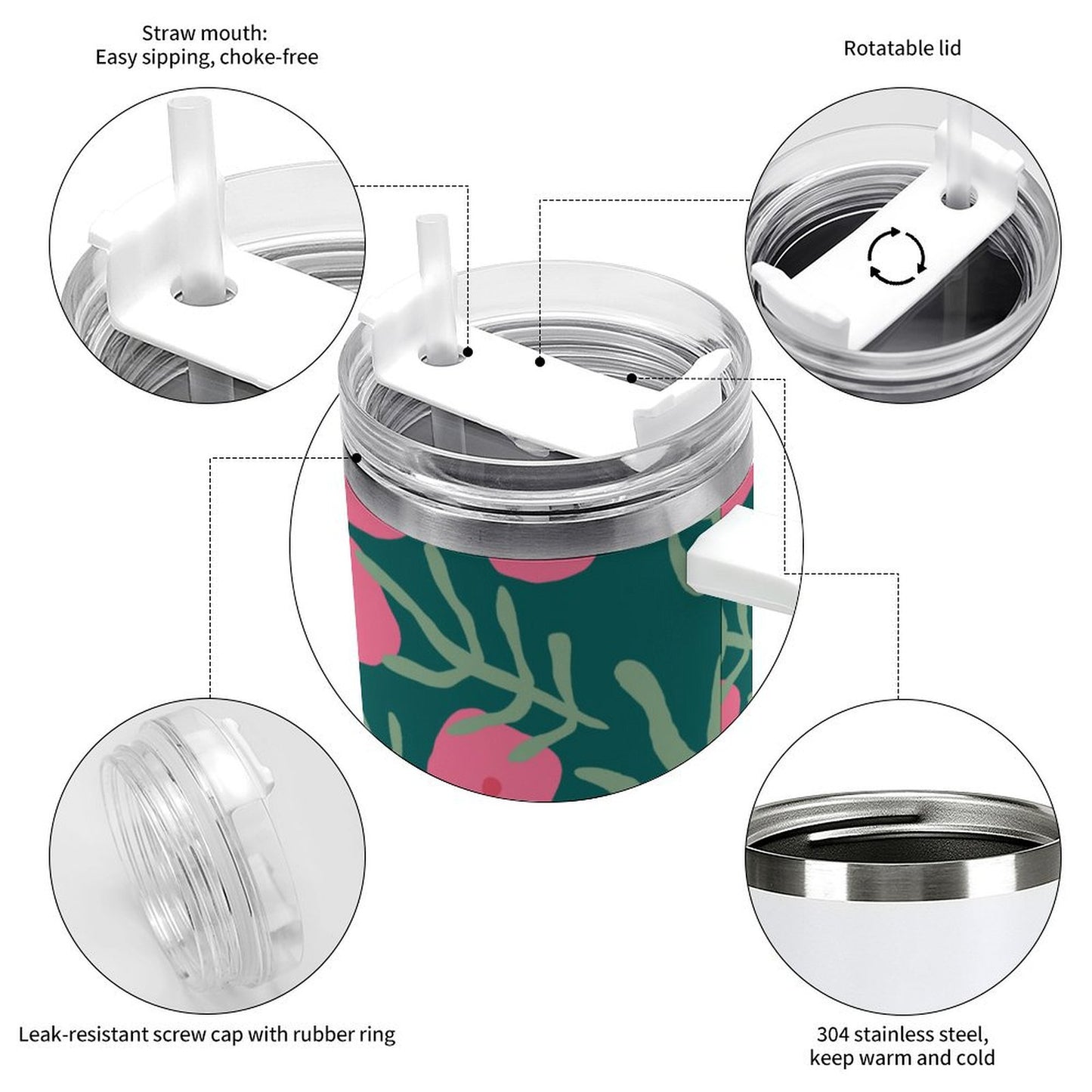 PHDT00424 POD US Local Tumbler 40 oz Large Capacity Car Cup Pink Green, Flowers, Leaves