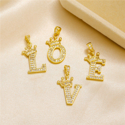 Gold Plated Copper Inlaid Zircon Crown 26 English Letters Full Diamond Pendant Parts