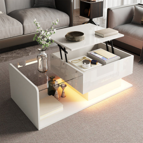 UK Local Coffee Table, High-Gloss White, Side Table, Coffee Table With Glass And LED Effect, With Glass Top