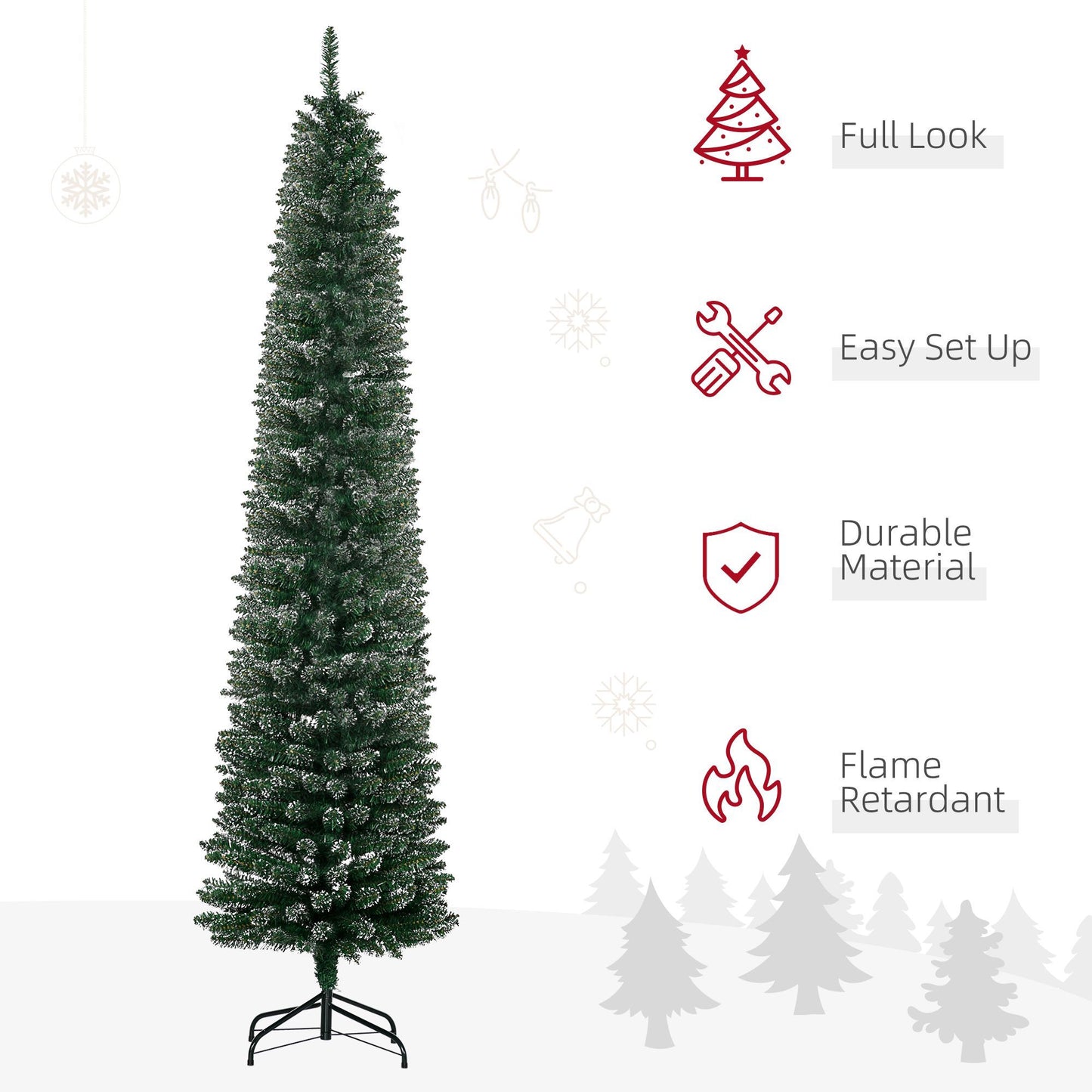 CA Local 7.5 ft Artificial Snow Dipped Christmas Tree Xmas Pencil Tree Holiday Home Indoor Decoration With Foldable Black Stand, Green