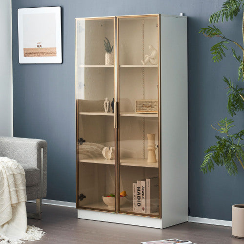 UK Local LED Display Cabinet, Clear Display Case For Figures, Storage Shelves With Tempered Glass Door, Storage Cabinet Floor Standing Transparent Showcase 160x80x40 Cm White