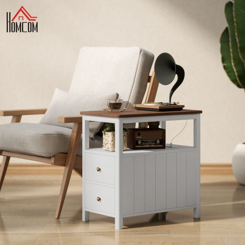 US Local HOMCOM Modern End Table With Charging Station And USB Ports, Narrow Side Table With Drawers & Shelf For Living Room, White