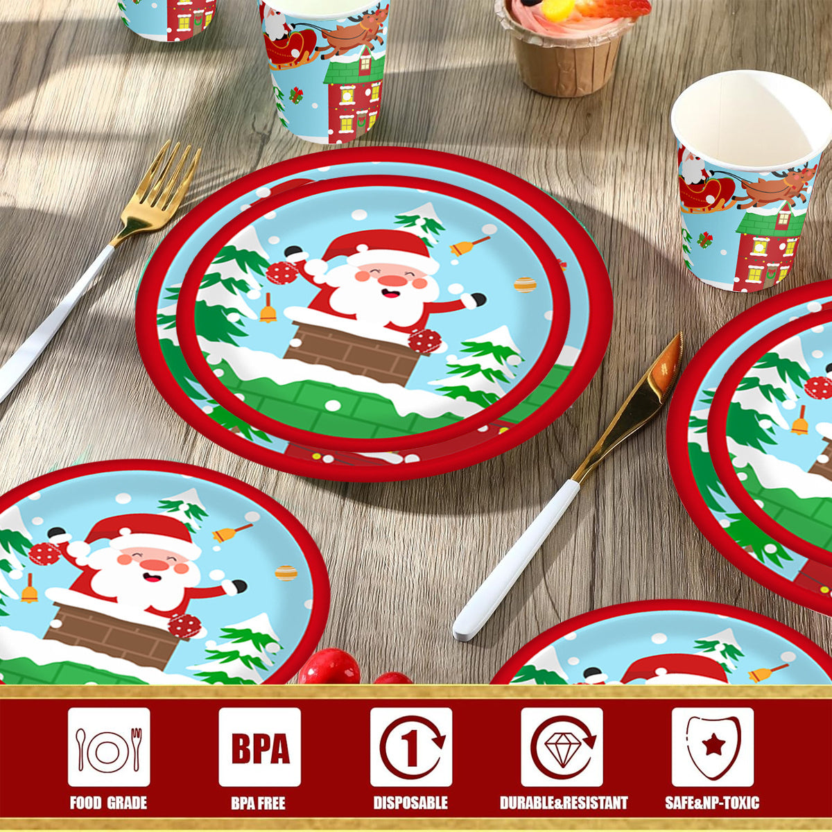 US Local Christmas Paper Plates And Cups Set Decorations For 10 Guests Santa Claus Elk Pattern Plates And Cups For Winter Holiday Christmas Party Decorations