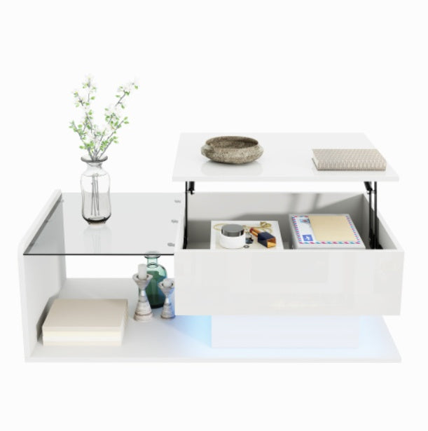 UK Local Coffee Table, High-Gloss White, Side Table, Coffee Table With Glass And LED Effect, With Glass Top