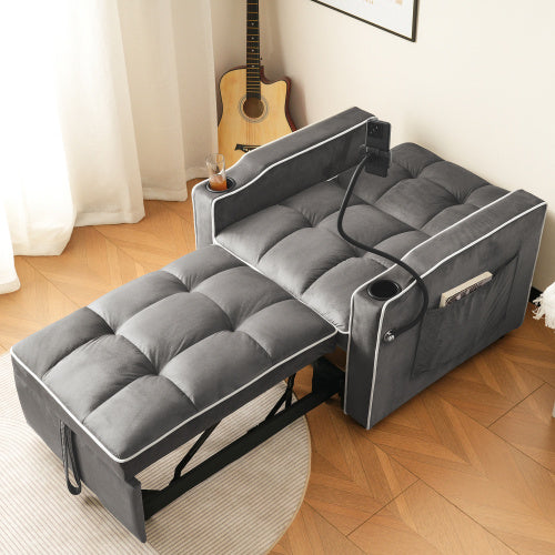 UK Local 3-in-1 Expandable Single Sofa Bed With Drink Holders And Phone Holder, Sofa Recliner, Sleeper Chair, Armchair, Perfect For Small Spaces, 83x167x76 Cm
