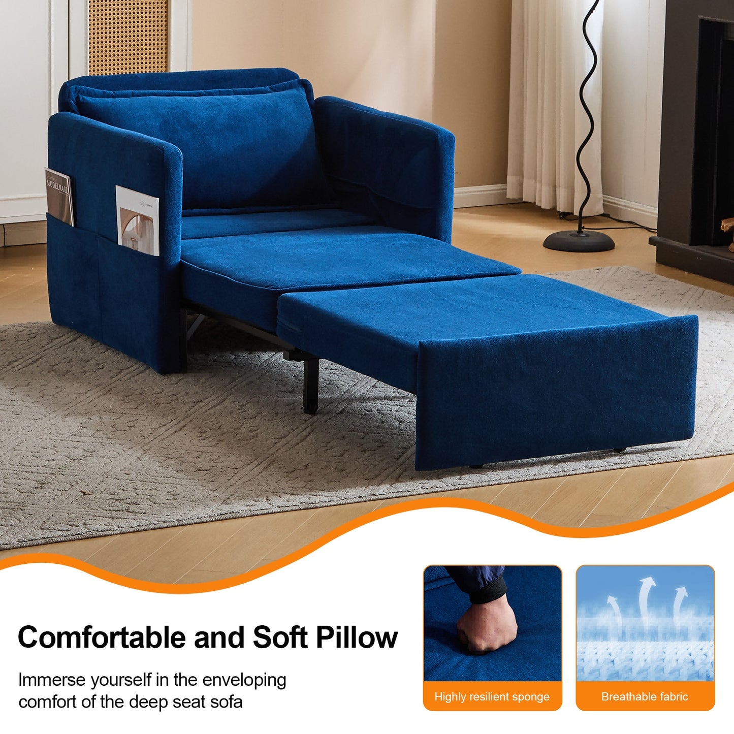 US Local Adult Sleeper Chair Bed, 3-in-1 Convertible Sofa Chair Bed Pull-out Sofa Bed, Convenient Folding Tray Table With USB And Type-C Charging Ports For Living Room