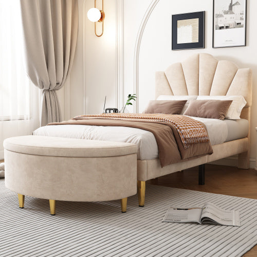 UK Local Velvet Upholstered Bed,Single Bed-3ft 90x190cm, Shell-like Bed With Golden Iron Legs, Wooden Slatted Frame, Upholstered Bench With Storage Space 90x40x42cm