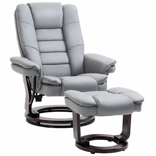 UK Local HOMCOM Recliner Chair With Footstool, Recliner Armchair Up To 130kg Weight Capacity, 135 Reclining Swivel Sofa Chair, PU Leather Ergonomic Couch Bed With Swivel Wood Base For Living Room, Grey