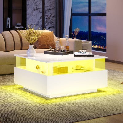 UK Local Coffee Table With Storage For Living Room, Modern LED Coffee Table, Square Tea Table With 2 Sliding Drawers Wood Center Table Acrylic Glass Coffee Table