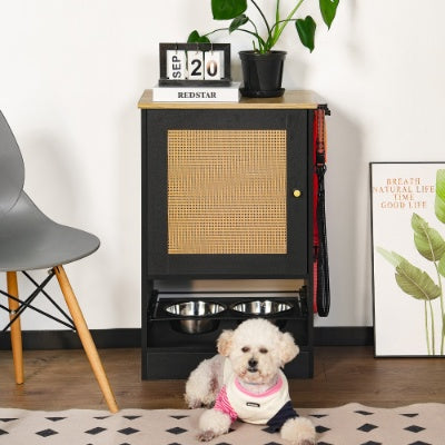 US Local Feeding Station With 1 Storage Cabinets, Pet Feeding Station With 2 Elevated Dog Bowls, Side Hooks, Anti-tip Kit, Hidden Pet Feeder Station For Feeding Watering, Black