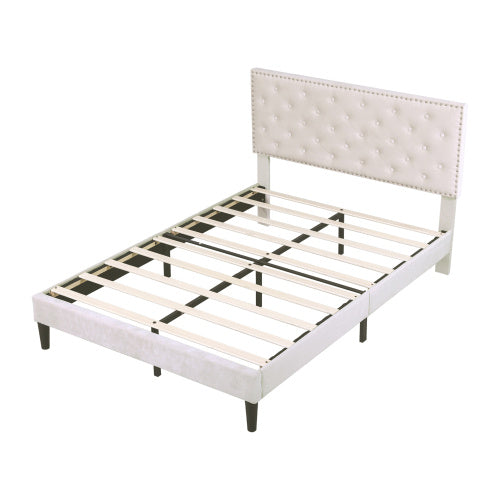 UK Local 4ft6 Double Upholstered Velvet Bed Frame, With Adjustable Button-Tufted Riveted Headboard, Velvet Platform Bed Frame With Solid Wood Slat And Mute Foam, No Box Spring Needed, Easy Assembly, Beige