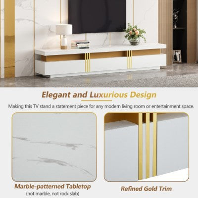 UK Local Luxury TV Stand With Faux Marble Top, TV Cabinet Golden Panel Design, And 3 Drawers For Televisions Up To 89'', Rectangle Media Console, Practical Entertainment Center For Living Room, White