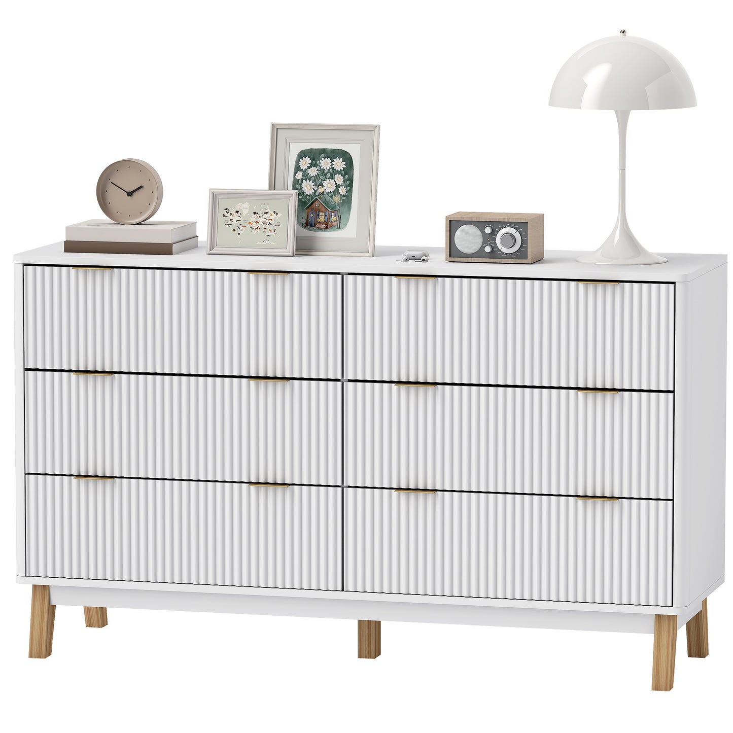 US Local 6 Drawer Double Dresser For Bedroom, Fluted Chest Of Drawers With Gold Finger Pulls And 5 Wood Legs, White