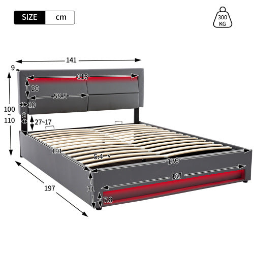 UK Local Upholstered Bed 135 X 190 Cm,Double Bed-4ft6,with USB Port Supports Wireless And Wired Charging, With LED Lighting And Storage Space, Without Mattress, PU-Lychee Design, Gray