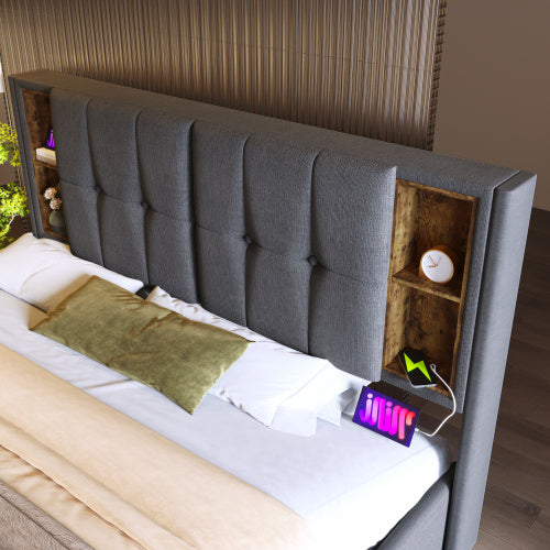 UK Local Upholstered Double Bed 150 X 200cm With Wireless Charging USB Tyep-C, Hydraulic Storage Bed With Hydraulic Lever, Linen Fabric 5FT King Size Bed Frame With Large Storage Space,Grey No Mattress