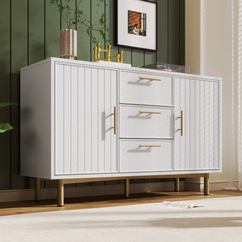 UK Local Sideboard Cabinet For Living Room, Chest Of Drawers With With 2 Doors And 3 Drawers, Adjustable Shelf, White, 40D X 120W X 75H CM