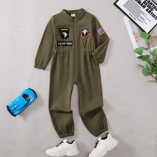 US Local Toddler Boys Pilot Jumpsuit Army Green Long Sleeve Romper, Perfect For Birthday Party Outfits