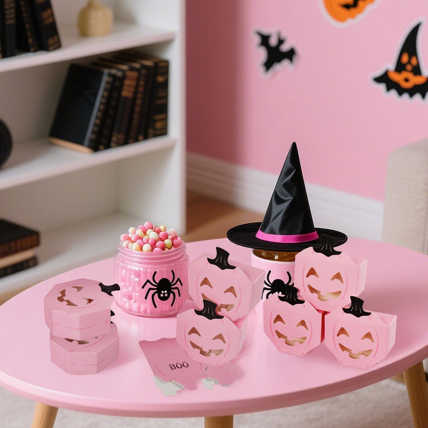 10Pcs Halloween Pink Pumpkin Gift Boxes Unique Candy Boxes With Hollow Scary Smiley Face Window Trick Or Treat Candy Goodie Bags For Halloween Birthday Party Haunted House Table Decoration