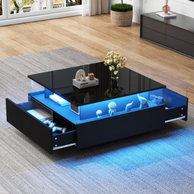 UK Local Coffee Table With Storage For Living Room, Modern LED Coffee Table, Square Tea Table With 2 Sliding Drawers Wood Center Table Acrylic Glass Coffee Table