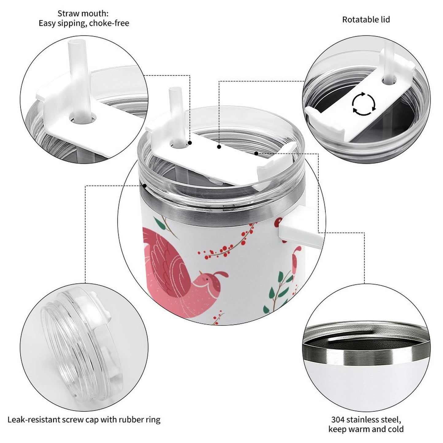 PHDT00084 POD US Local Tumbler 40 oz Large Capacity Car Cup Christmas Bird Pink Branches