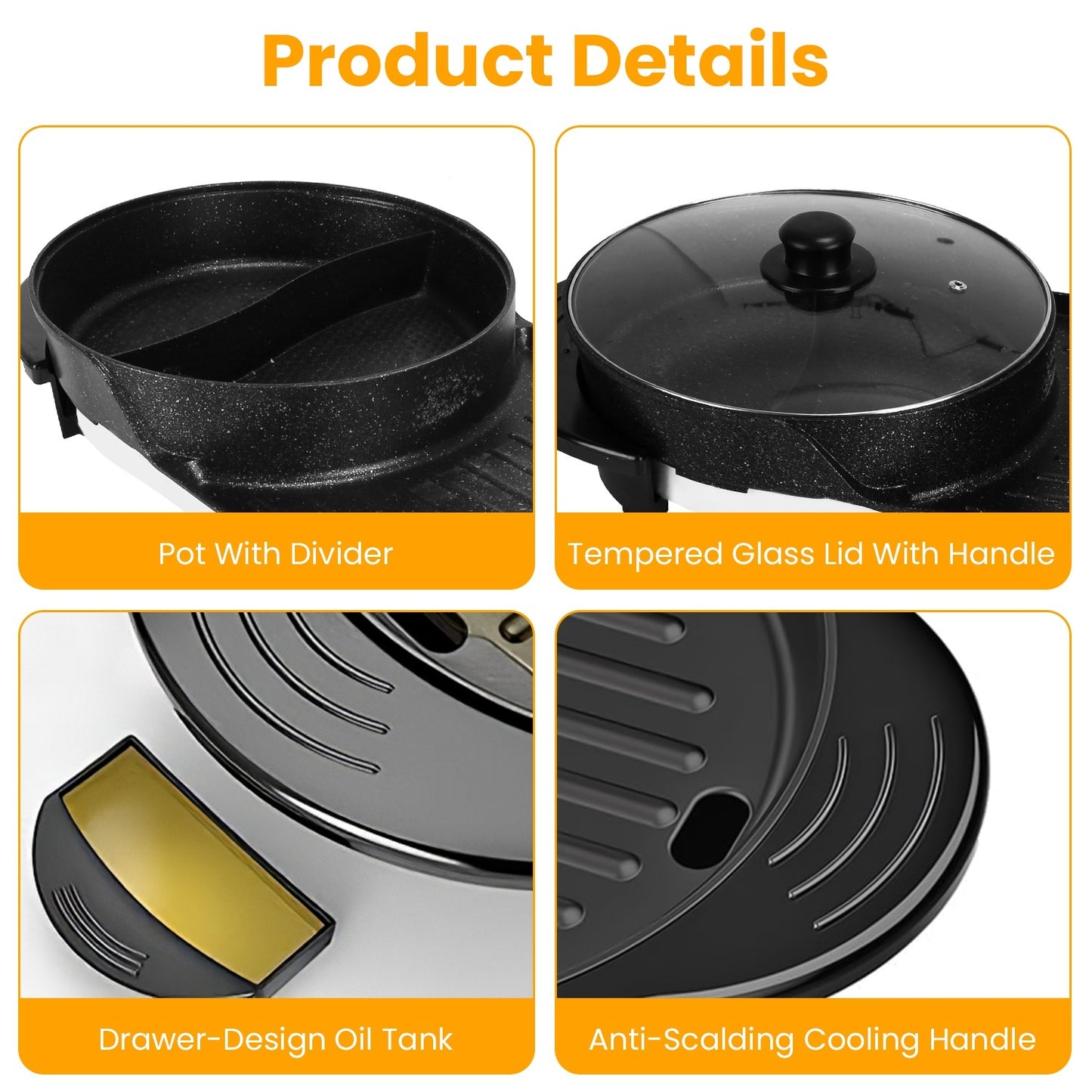 2200W 2 In 1 Electric Hot Pot With BBQ Grill Cooker Smokeless Non-Stick Korean BBQ Grill Shabu Shabu Hot Pot With Independent Temperature Control 5 Gears Firepower For 2-10 People