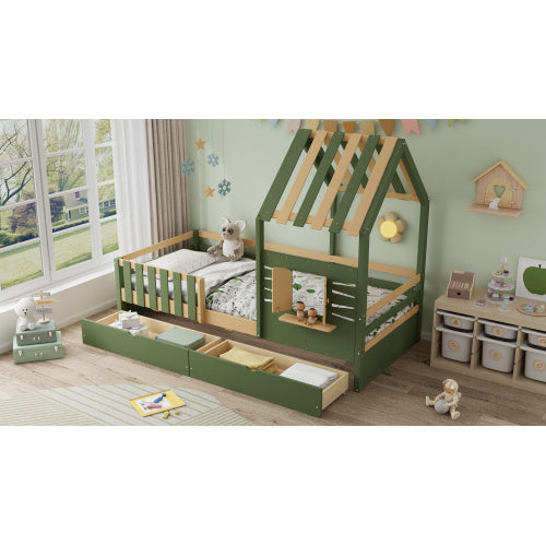 UK Local Wooden Bed, Children S Bed, 3ft Single Bed 90x190cm, MDF Pinewood Plywood, Two Storage Drawers, Roof Shape With A Window, Green Natural