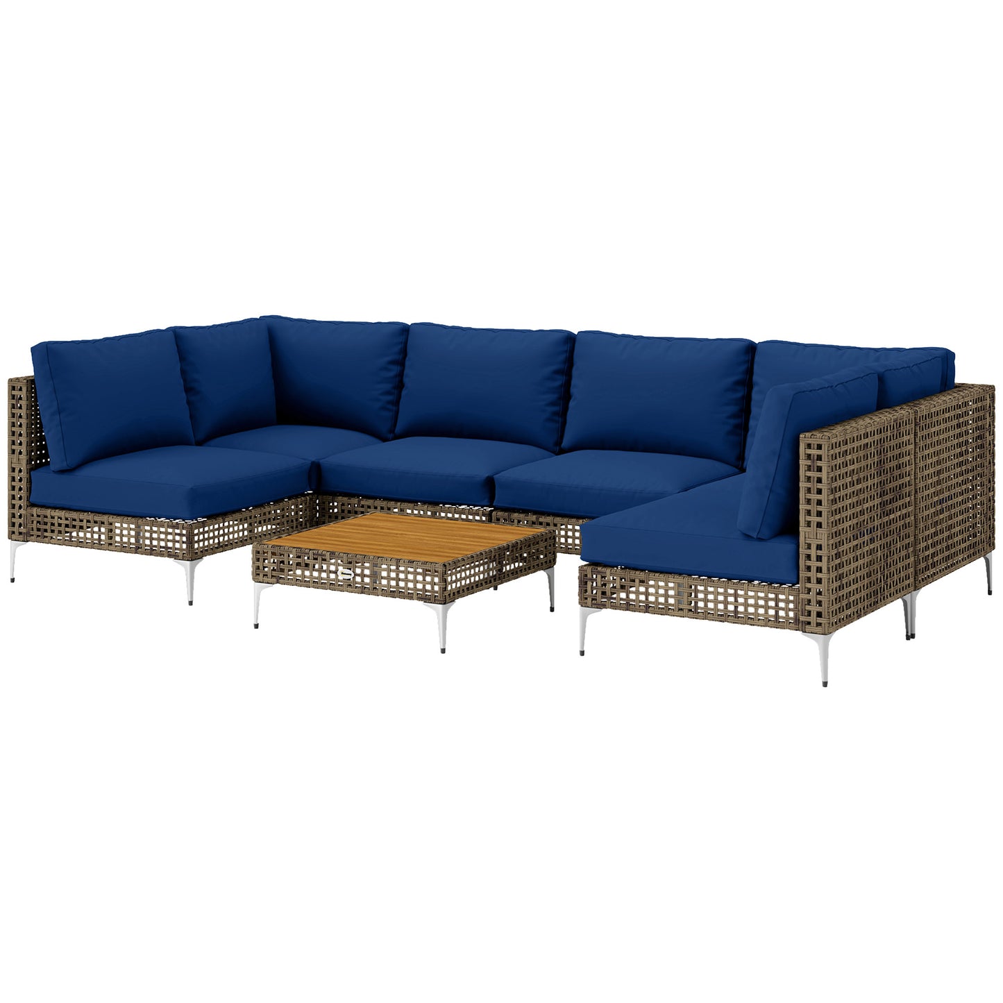 US Local 7 Piece Wicker Patio Furniture Set, Modular Outdoor Sectional With Thickened Cushions, Acacia Wood Table, Brown Blue