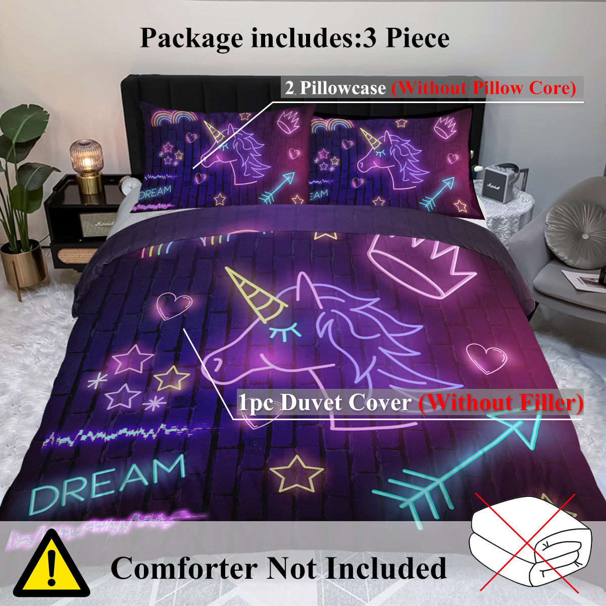 US & UK Local Star Bedding Neon Pattern 3 Piece Black Duvet Cover Set