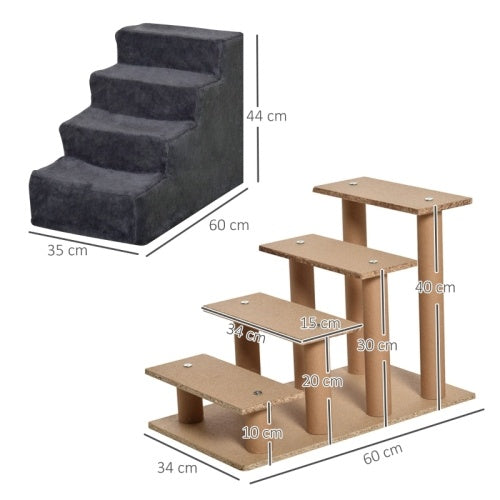 UK Local PawHut Four-Step Dog Stairs, With Washable Plush Cover, For High Bed Sofa, Dog Stairs For Small Dog And Cat - Dark Grey