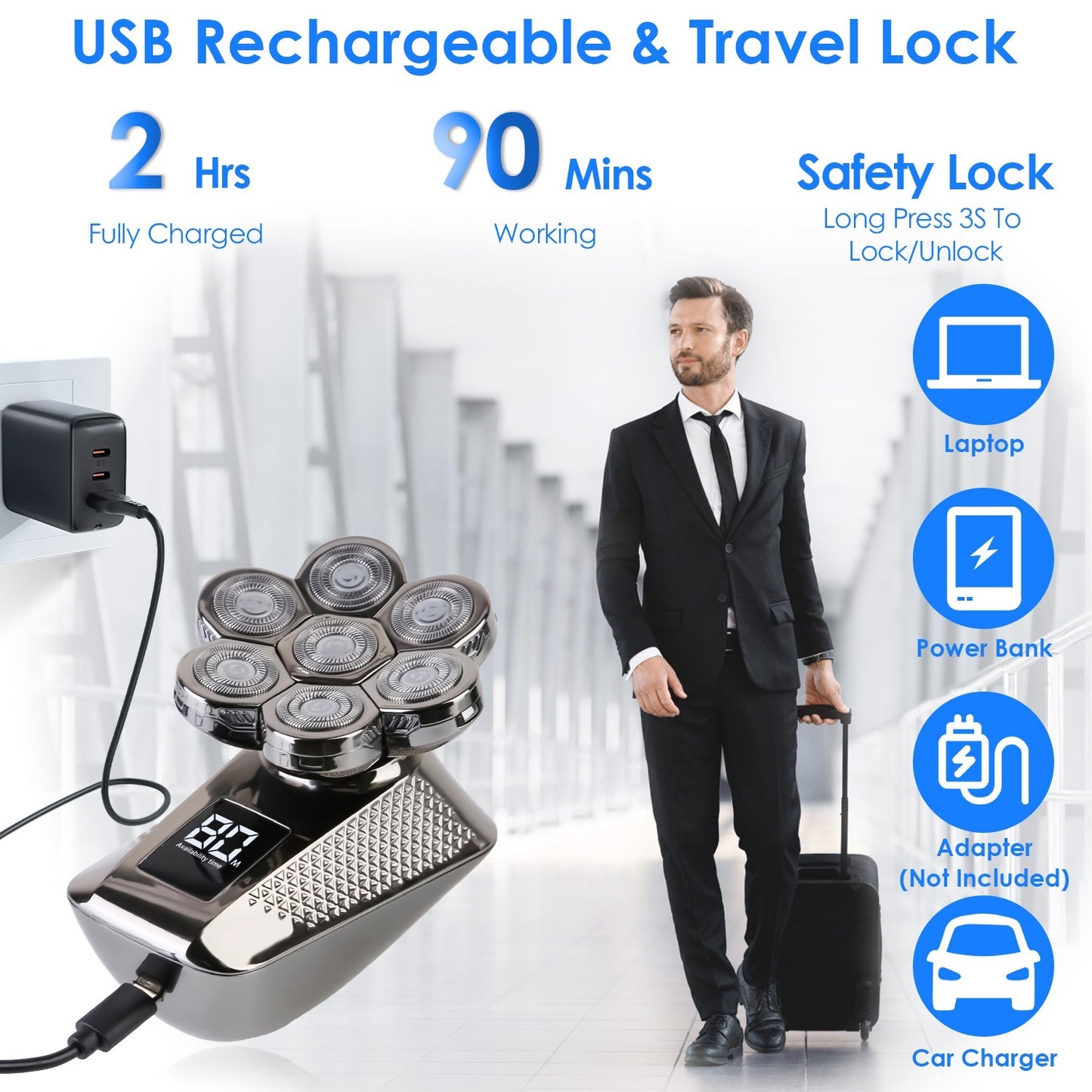 US Local 1Pc Head Shavers For Bald Men 5 In 1 7D Electric Rotary Razor Rechargeable Cordless Head Beard Trimmer Shaver Kit IPX6 Waterproof Dry Wet Grooming Kit With 3 Combs