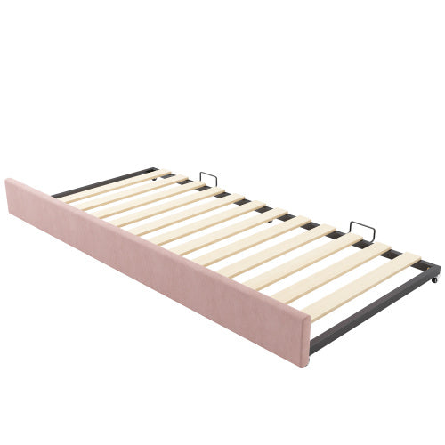 UK Local Upholstered Bed Daybed 90 X 190 Cm, 3FT Single Bed With Pull Out Trundle, Sofa Bed For Adults And Children, Single Daybed With Slatted Frame, Velvet, Pink No Mattress