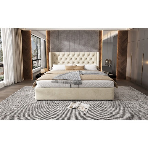 UK Local Upholstered Bed, With Hydraulic Lever, Functional Bed From Storage, 135 X 190 Cm, Without Mattress, Velvet, Beige
