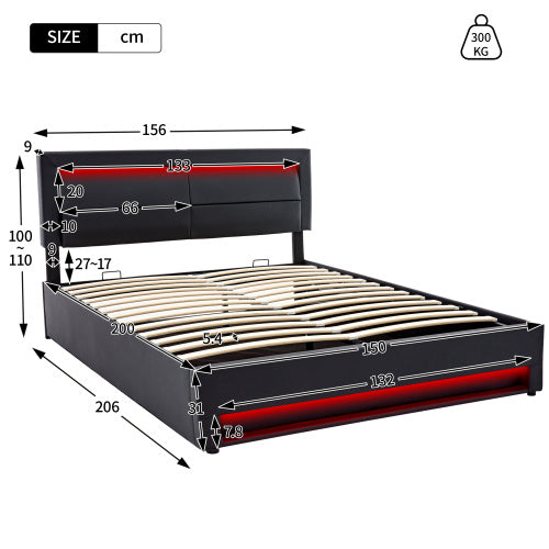 UK Local Upholstered Bed 150 X 200 Cm, King Size Bed-5ft,with USB Port Supports Wireless And Wired Charging, With LED Lighting And Storage Space, Without Mattress, PU Lychee Pattern, Black