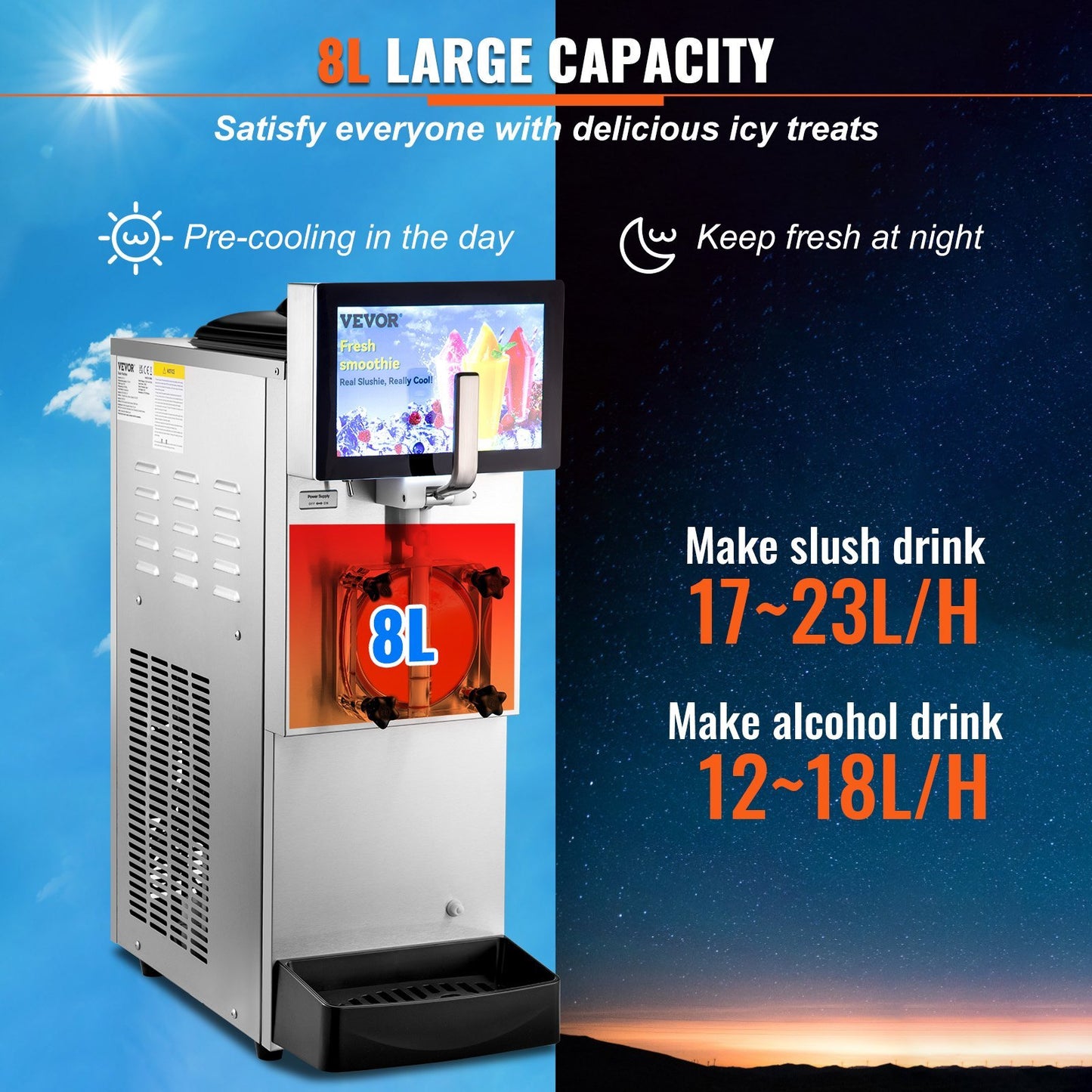 US Local Commercial Slushy Machine, 8L / 2.1 Gal Single Bowl, Cool And Freeze Modes, 1050W Stainless Steel Margarita Smoothie Frozen Drink Maker, Slushie Machine For Party Cafes Restaurants Bars Home
