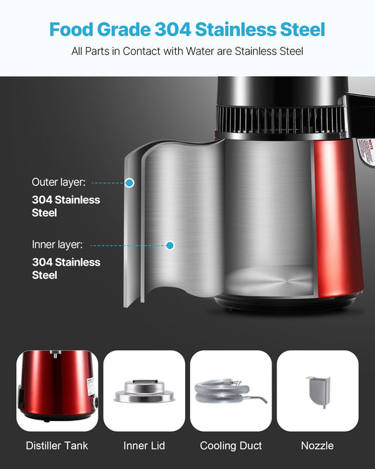 US Local 4L Water Distiller Home Countertop Purifier Machine 1750W Stainless Steel Glass