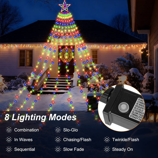 US Local 11.48FT 350LED Multicolored Christmas Star Waterfall Tree String Light Indoor Outdoor Waterproof String Lights With Star Topper 8 Light Modes Memory Function For Holiday Wedding Yard Party Home