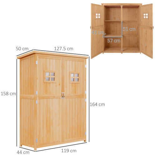 UK Local Outsunny Wooden Garden Shed With Two Windows, Tool Storage Cabinet, Outdoor Double Door Organizer 127.5L X 50W X 164H Cm, Natural