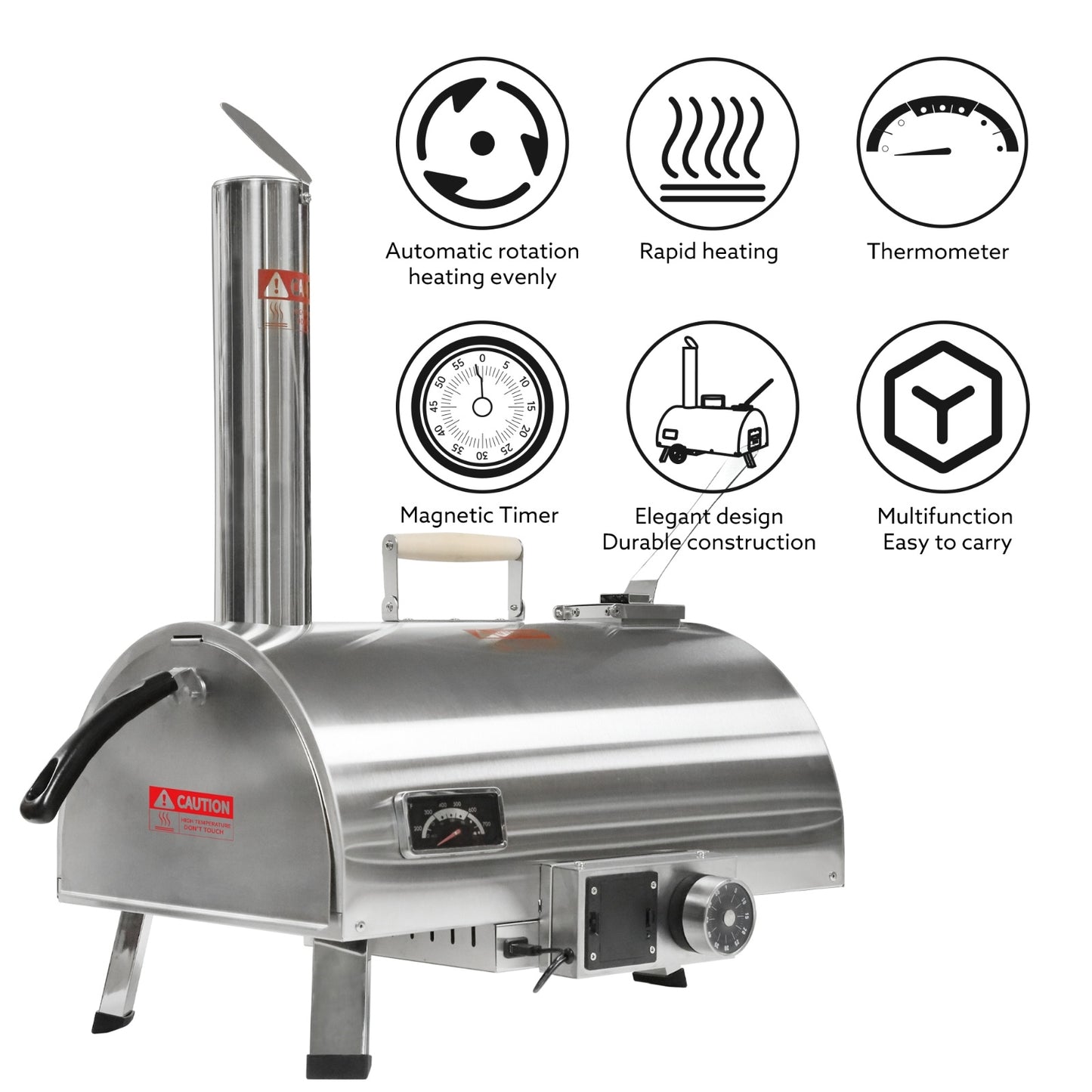 US Local Outdoor 12 Automatic Rotatable Wood Fired Pizza Oven, Stainless Steel Portable