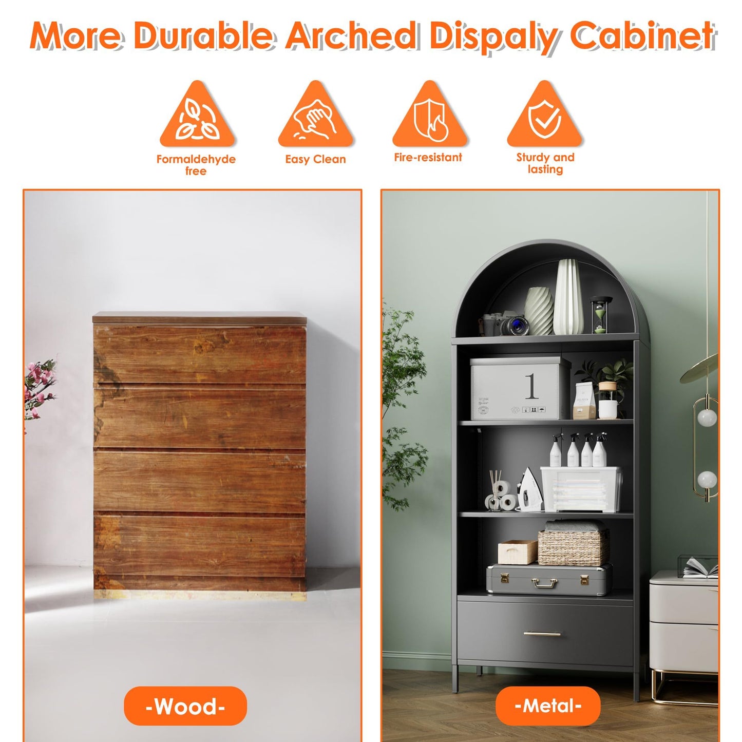 US Local Metal Arched Bookshelf, Accent Arch Kitchen Pantry Cabinet With Drawer For Home Office Bar Living Room Farmhouse ,Black