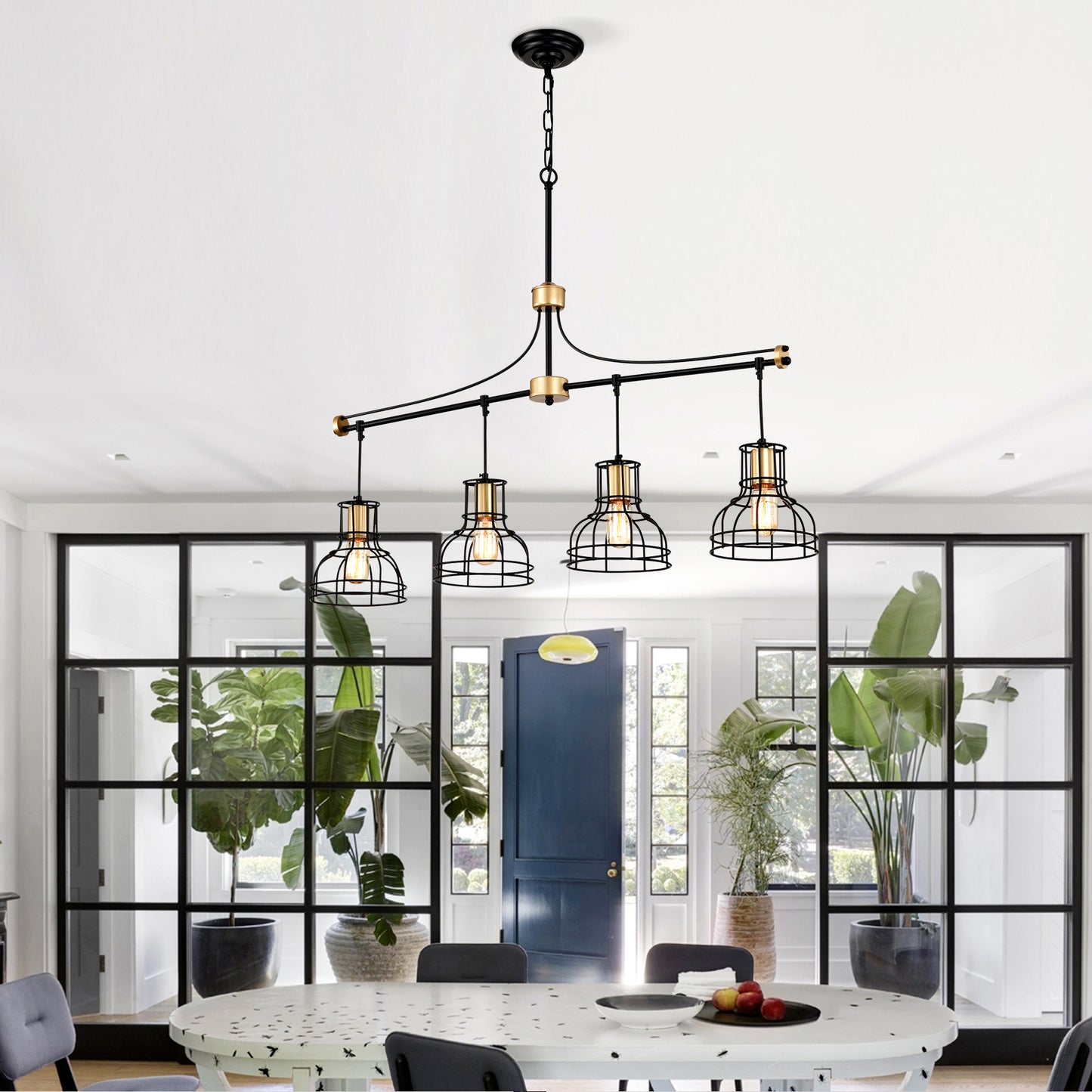 US Local Dining Room Light Fixture Chandelier Over Table, 40-Inch Hanging For Farmhouse Linear Chandeliers,4-Light Kitchen Island Lighting,Matte Black And Matte Gold Ceiling Chandelier,with Metal Lampshade