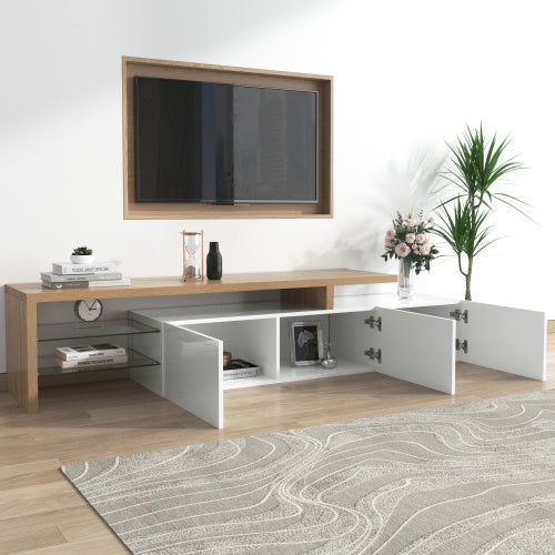 UK Local Modern TV Cabinet Design Stylish And Elegant, Practical Storage, High-gloss White, Wooden Look, Glass Shelves, LED Lighting