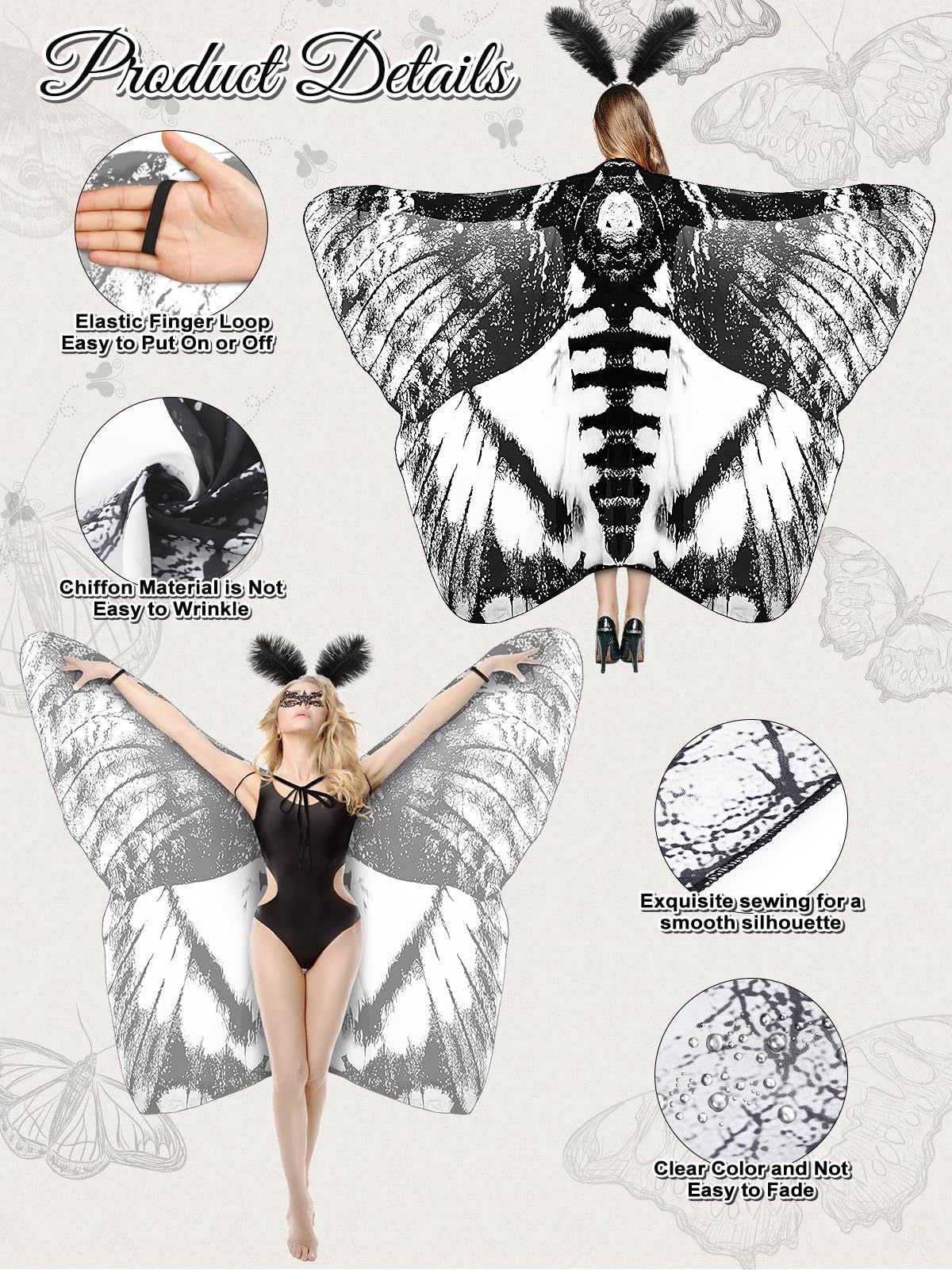 3 Pcs Moth Butterfly Wings Cape Set Costume Moth Wings Moth Cape With Headband Lace Mask For Halloween-Ban On Selling On Amazon