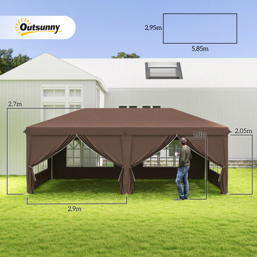 UK Local Outsunny 3 X 6 M Pop Up Gazebo With Sides And Windows, Height Adjustable Wedding Camping Party Tent Canopy Marquee With Storage Bag For Garden, Event, Brown